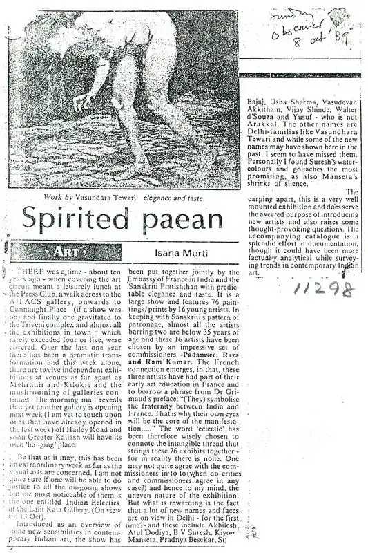 Murti, Isana (Writer). Spirited Paean - Work by Vasundhara Tewari: Elegance and Taste. The Sunday Observer, 08 October 1989 | Newspaper clipping | FineArts | 00635230