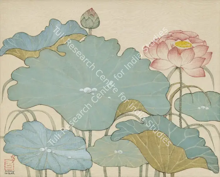Dugar, Indra (Artist). Lotus and Leaves. Tempera on silk pasted on paper, 1985 | Painting | EconomicsArt | 00872976