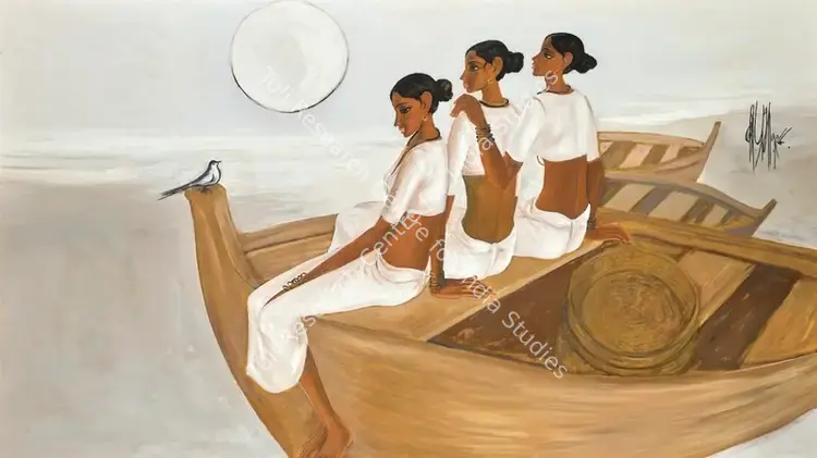 B. Prabha, Attributed to (Artist). Untitled (Three ladies in a boat). Oil on canvas, 1988 | Painting | FineArts | 00335531
