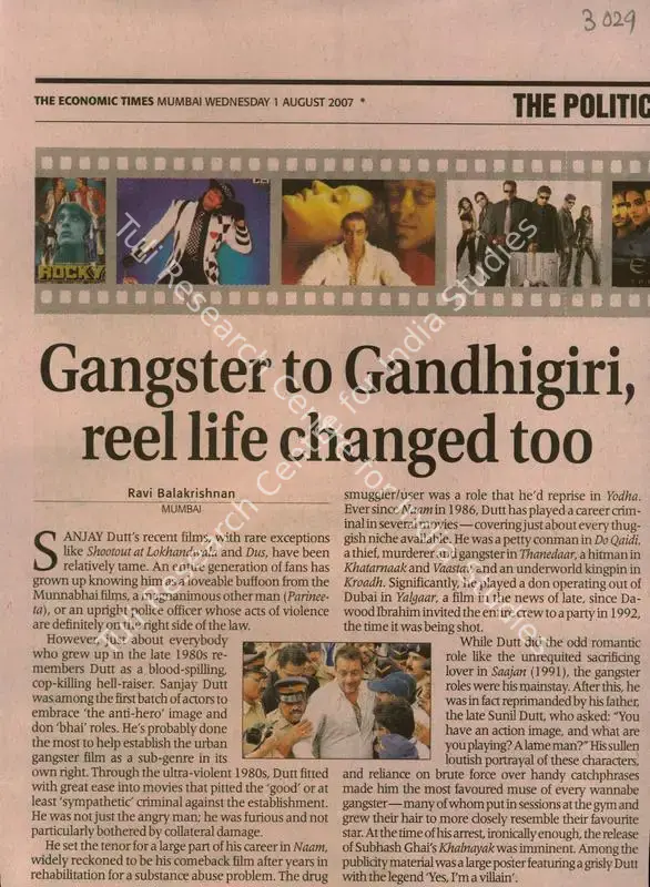 Balakrishnan, Ravi (Reporter). Gangster to Gandhigiri, Reel life Changed Too. Mumbai: The Economic Times, 01 August 2007 | Newspaper Clipping | CinemaEducation | 00851838