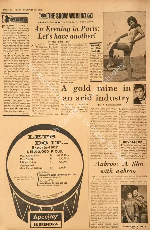 A Gold Mine in an Arid Industry. In <i>Blitz - India's Greatest Weekly.</i> p. 22. Bombay: R.K. Karanjia, 20 January 1968 | Film Review | CinemaEducation | 00143072