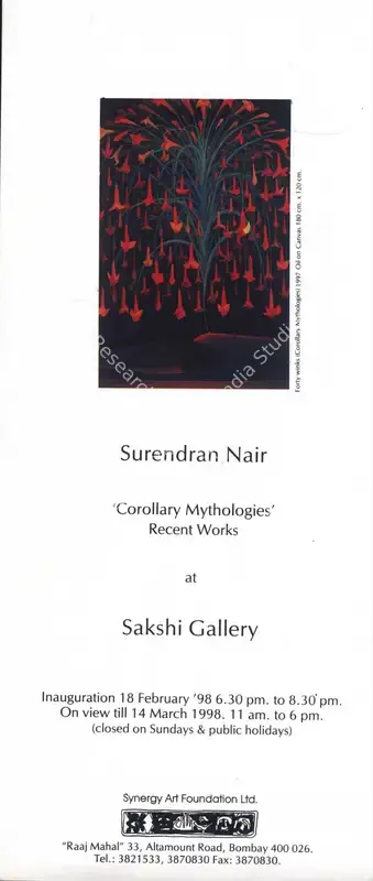 Nair, Surendran (Artist). Corollary Mythologies - Recent Works by Surendran Nair 1997-1998. Bombay: Sakshi Gallery, 1998 | Solo Exhibition Invitation | FineArts | 00859366