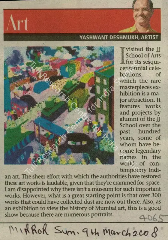 Deshmukh, Yashwant (Artist). Art. Mumbai: Mumbai Mirror, 09 March 2008 | Newspaper Clipping | FineArts | 00851926