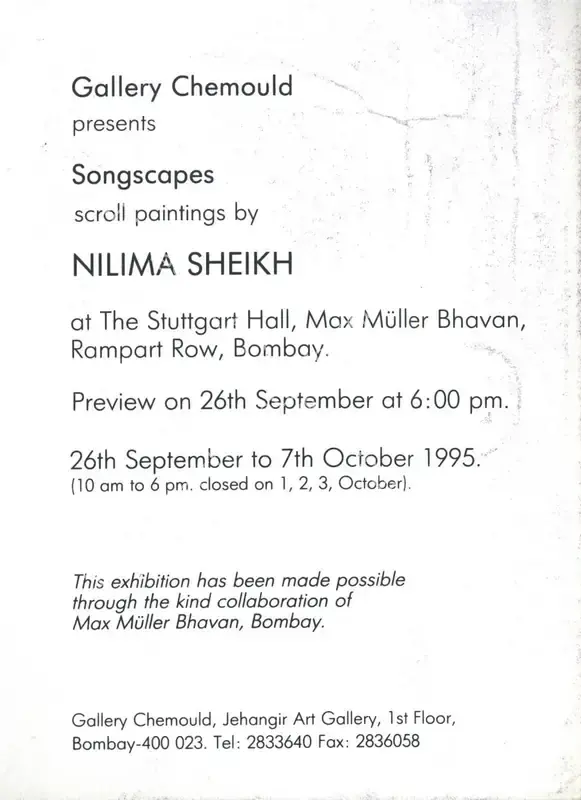 Sheikh, Nilima (Artist). Nilima Sheikh - Songspace Scroll Paintings. Bombay: Gallery Chemould, 1995 | Solo Exhibition Invitation | FineArts | 00859654