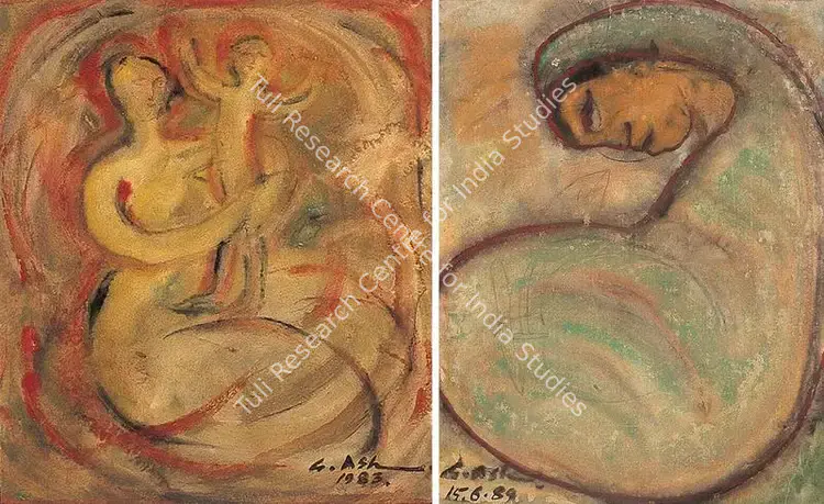 Ash, Gobardhan (Artist). Mother & Child Playing. Mixed media on paper, 1983 | Painting | FineArts | 00371923