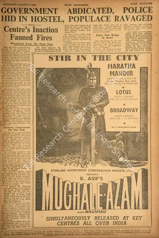Mughal-E-Azam . In <i>Blitz - India's Greatest Weekly.</i> p. 19. Bombay: R.K. Karanjia, 06 August 1960 | Film Review | CinemaEducation | 00142635
