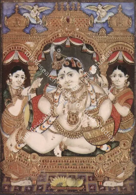 Tanjore School (Artist). Krishna with Two Attendants. Tempera and gold leaf and stucco, inset with glass on panel, n.d. | Painting | FineArts | 00599377