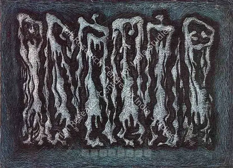 Akhlaq, Zahoor Ul (Artist). Untitled (Group Of Standing Figures). Oil on canvas, 1963 | Painting | FineArts | 00576988