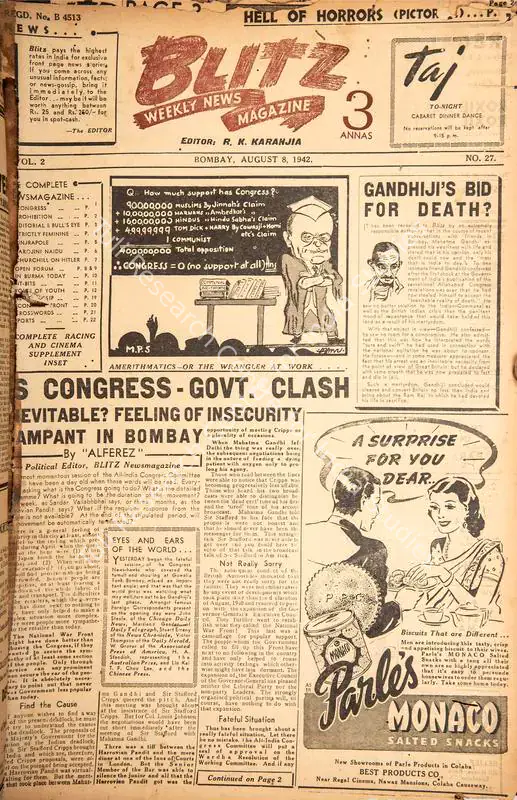 Karanjia, R.K. (Editor). Blitz - Weekly News Magazine. Bombay: R.K. Karanjia, 08 August 1942 | Magazine | CinemaEducation | 00796739
