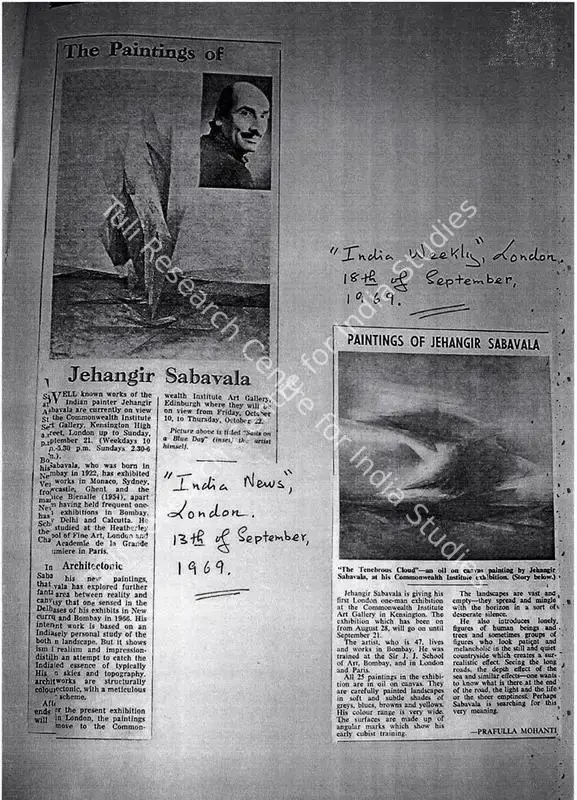 Mohanti, Prafulla (Writer). Paintings of Jehangir Sabavala. London, 18 September 1969 | Newspaper Clipping | FineArts | 00728495