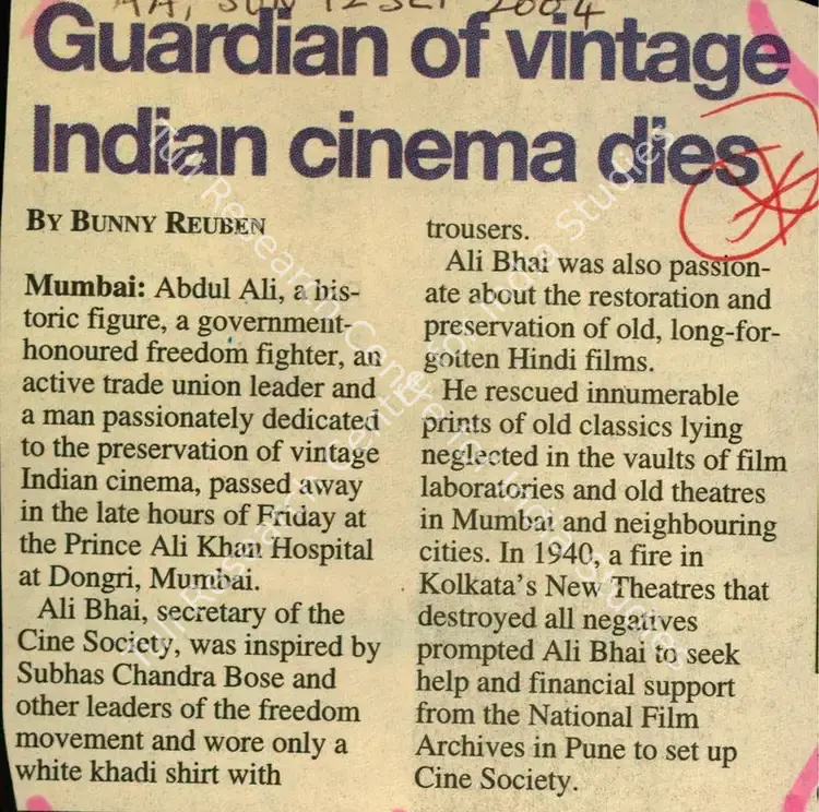 Reuben, Bunny (Writer). Guardian Of Vintage Indian Cinema Dies. The Asian Age, 12 September 2004 | Newspaper Clipping | CinemaEducation | 00852173