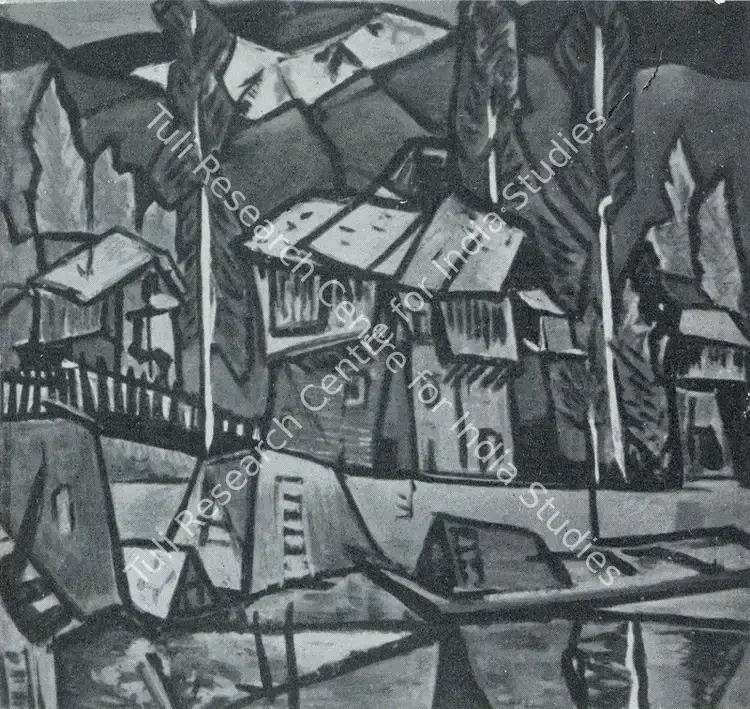 Kaul, Triloke (Artist). Huts and Poplars. n.d. | Marg, March 1955 | Painting | FineArts | 00674174