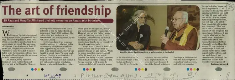 Kaushik, Divya (Reporter). The Art of Friendship. New Delhi: The Pioneer, 25 February 2008 | Newspaper Clipping | FineArts | 00852257