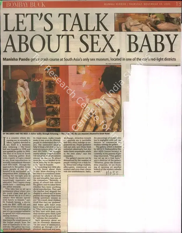 Chakraborty, Rana (Photographer). Let's Talk About Sex, Baby - Manisha Pande Gets a Crash Course At South Asia's Only Sex Museum, Located in One of the City's Red-light Districts. Mumbai: Mumbai Mirror, 30 November 2006 | Newspaper Clipping | FineArts | 00856964