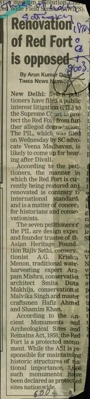 Desai, Arun Kumar (Reporter). Renovation of Red Fort is Opposed. New Delhi: The Times of India, 18 October 2003 | Newspaper Clipping | ArcHeritage | 00852273