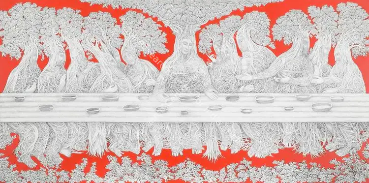 Sansanwal, Ompal (Artist). Last Supper. Acrylic and pen and ink on canvas, 2017 | Painting | FineArts | 00352207