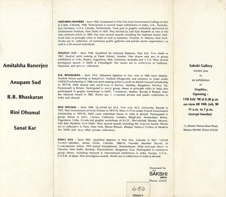 Sakshi Gallery (Organiser). An Exhibition of Graphics. Sakshi Gallery, 1990 | Group Exhibition Invitation | FineArts | 00858838