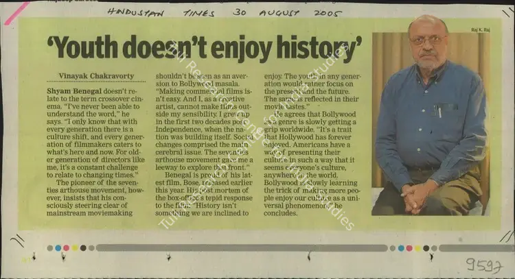 Chakravorty, Vinayak (Reporter). Youth Doesn't Enjoy History. Hindustan Times, 30 August 2005 | Newspaper Clipping | CinemaEducation | 00856501