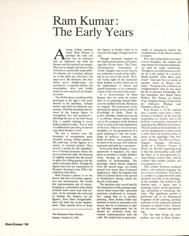 Bartholomew, Richard (Essayist). Ram Kumar - The Early Years. In <i>Art Heritage 4 - Season 1984-85.</i> Season 8, pp. 84-91. New Delhi: Art Heritage, 1985 | Essay | FineArts | 00851690