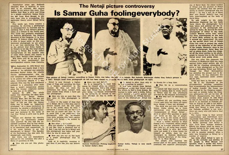 Kar, Partha Sarathi (Essayist). The Netaji Picture Controversy - Is Samar Guha Fooling Everybody?. In <i>Onlooker - National News Magazine.</i> 41(5), pp. 26-28. Bombay: Publicity Society of India, 15  March 1979 | Essay | SeekJustice | 00798760