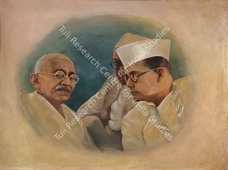 Khosa, Somnath (Artist). Gandhiji & S.C. Bose at Haripura Conference, 1938. Oil on bromide paper pasted on board, c.1958 | Painting | FineArts | 00375336