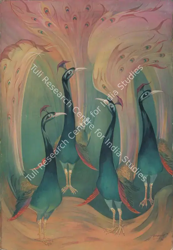 Chakladar, Amalnath (Artist). Peacocks. Tempera on paper pasted on board, 1973 | Painting | FineArts | 00561603