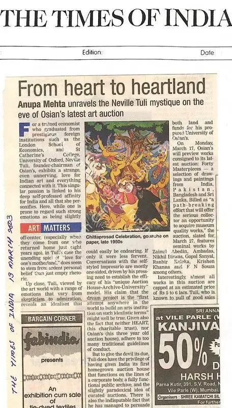 Mehta, Anupa (Writer). From heart to heartland. Mumbai: The Times of India, 13 March 2003 | Newspaper Clipping | FineArts | 00852419