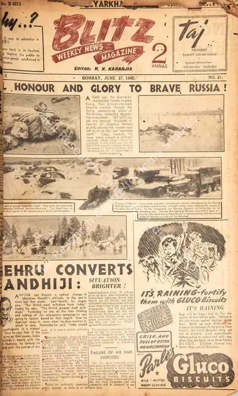 Karanjia, R.K. (Editor). Blitz - Weekly News Magazine. Bombay: R.K. Karanjia, 27 June 1942 | Magazine | CinemaEducation | 00796733