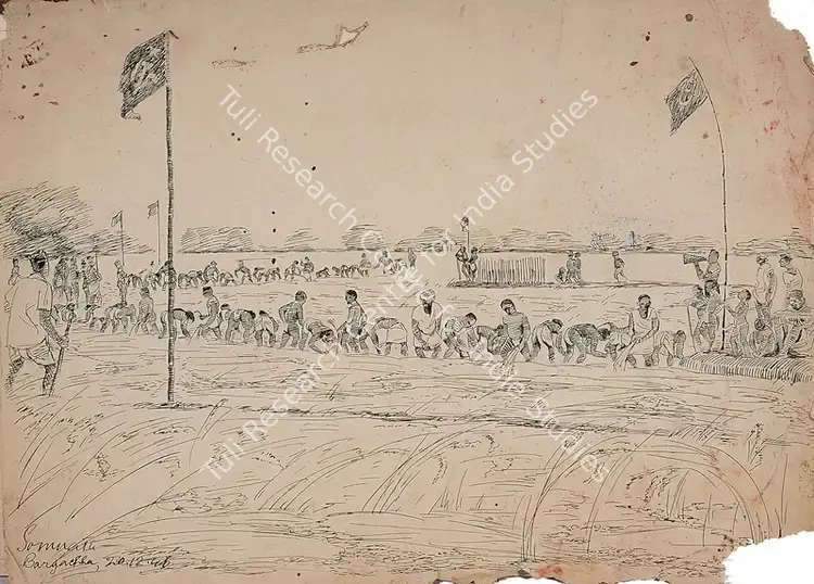 Hore, Somnath (Artist). Workers in the Field. Pen and ink on paper pasted on soft cardboard, 1946 | Drawing | FineArts | 00375341