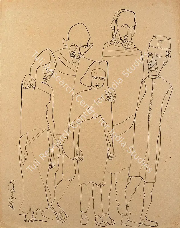 Adimoolam, K.M. (Artist). Morning Walk: Gandhiji, Khan Abdul Ghaffar Khan & Jawaharlal Nehru. Pen & ink, 1969 | Drawing | FineArts | 00375337
