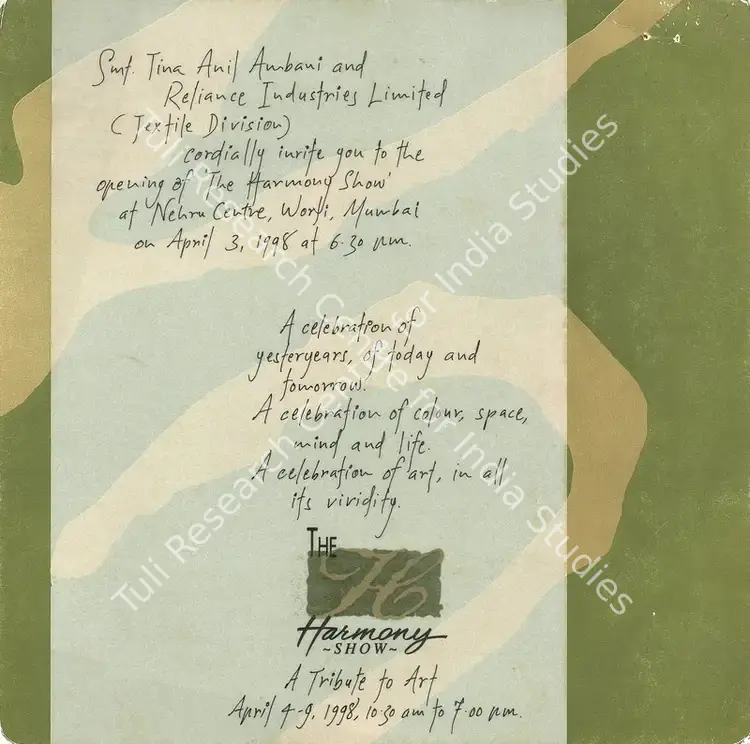 Reliance Industries Limited (Organiser). The Harmony Show - A Tribute to Art. Mumbai, 1998 | Group Exhibition Invitation | FineArts | 00858832
