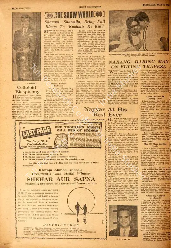 Nayyar at His Best Ever. In <i>Blitz - India's Greatest Weekly.</i> p. 18. Bombay: R.K. Karanjia, 09 May 1964 | Film Review | CinemaEducation | 00144699