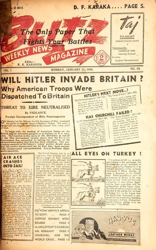 Karanjia, R.K. (Editor). Blitz - Weekly News Magazine. Bombay: R.K. Karanjia, 31 January 1942 | Magazine | CinemaEducation | 00796718