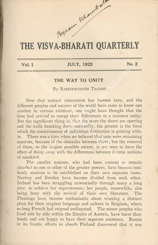 Tagore, Rabindranath (Editor). Visva-Bharati Quarterly. 1(2). Santiniketan, July 1923 | Journal | FineArts | 00502416
