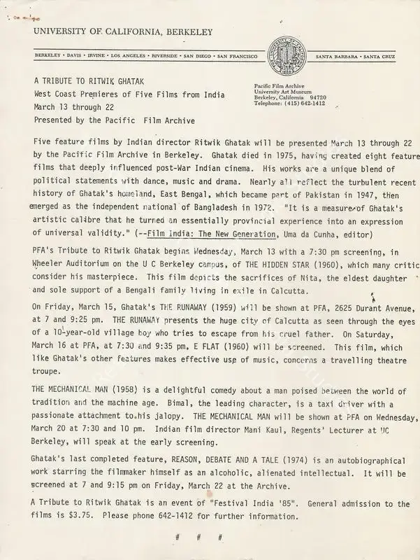 Pacific Film Archive (Presenter). Ghatak Retrospective at Berkley. 1985 | Letter | CinemaEducation | 00457189