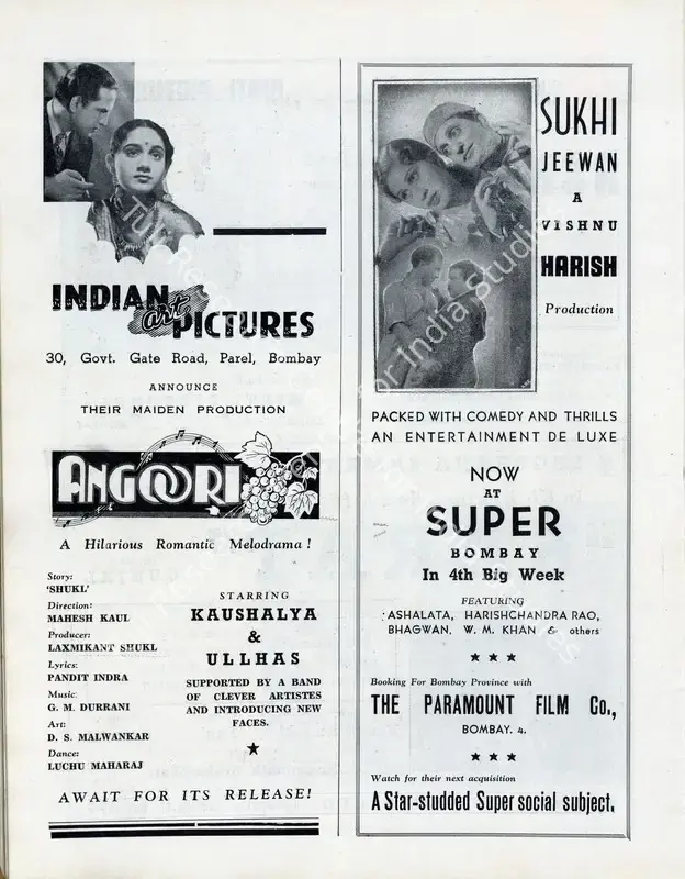 Bhagwan, Master (Director), Sukhi Jeevan, 1942 | Advertisement, Filmindia, October 1942 | CinemaEducation | 00858542