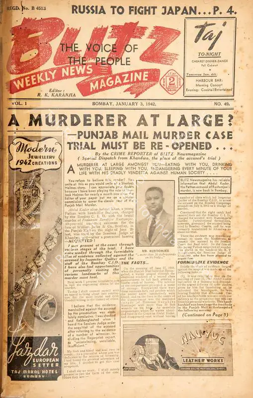 Karanjia, R.K. (Editor). Blitz - Weekly News Magazine. Bombay: R.K. Karanjia, 03 January 1942 | Magazine | CinemaEducation | 00796714