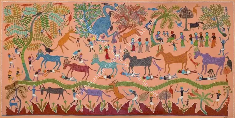 Bai, Bhuri (Artist). Ghodi Pooja & Dev Utara Poojan During Diwali. Acrylic on canvas, n.d. | Painting | EconomicsArt | 00871648
