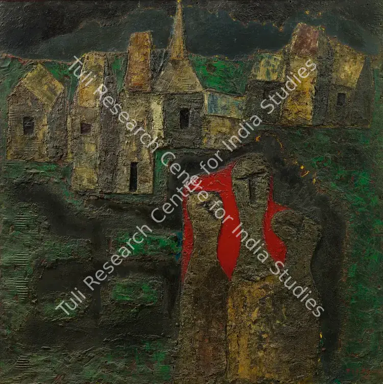 Sagara, Piraji (Artist). Untitled (Kashmir Landscape with Three Figures). Mixed media on board, 1962 | Painting | FineArts | 00336311