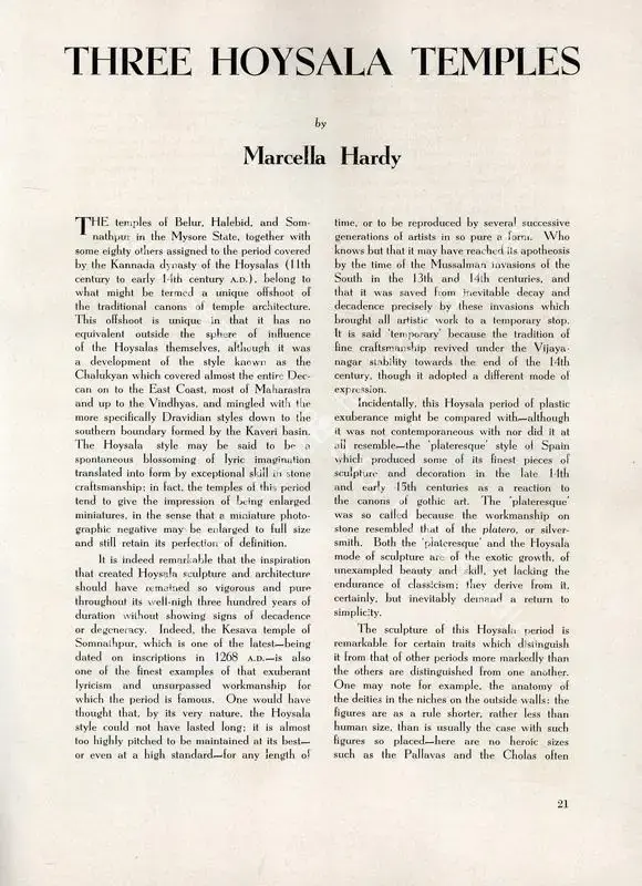 Hardy, Marcella (Essayist). Three Hoysala Temples. In <i>Marg.</i> 4(2), pp. 21-25. Bombay: Modern Artists and Architects Research Group, July 1950 | Essay | ArcHeritage | 00668785