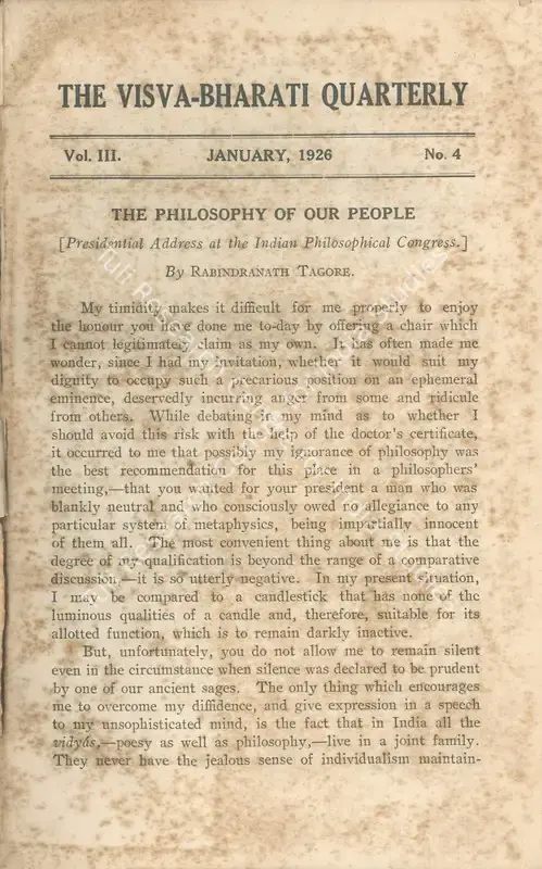 Tagore, Rabindranath (Editor). Visva-Bharati Quarterly. 3(4). Calcutta: Karunabindoo Biswas, January 1926 | Journal | FineArts | 00502421