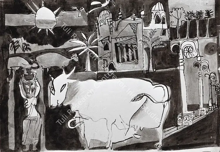 Adimoolam, K.M. (Artist). Feeding On The Street. Black ink and wash on paper, 1966 | Drawing | FineArts | 00373455