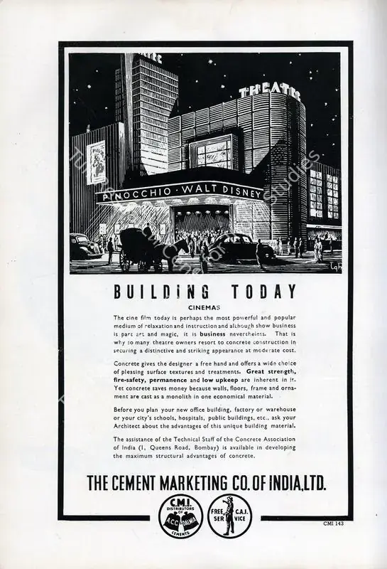 The Cement Marketing Company of India (Advertiser), Pinocchio, 1940. Building Today - Cinemas | Advertisement, 1947, Marg, April 1947 | CinemaEducation | 00512652