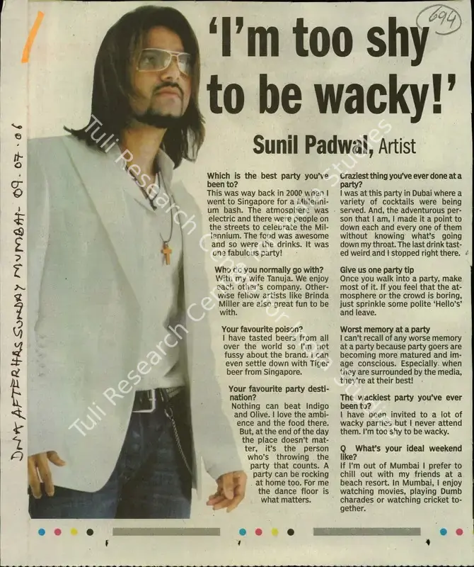 Padwal, Sunil (Artist). I'm too Shy to be Wacky!. Mumbai: DNA, 09 July 2006 | Newspaper Clipping | FineArts | 00852856