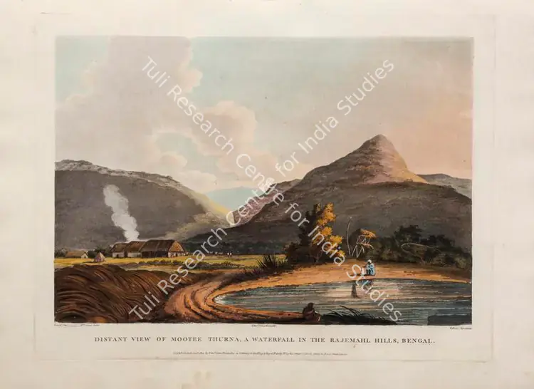 Fellows (Printmaker). Distant View of Mootee Thurna, a Waterfall in the Rajemahl Hills, Bengal. Print on paper, January 1802 | Aquatint, A Brief History of Ancient and Modern India, 1805 | Scholarship | 00156173