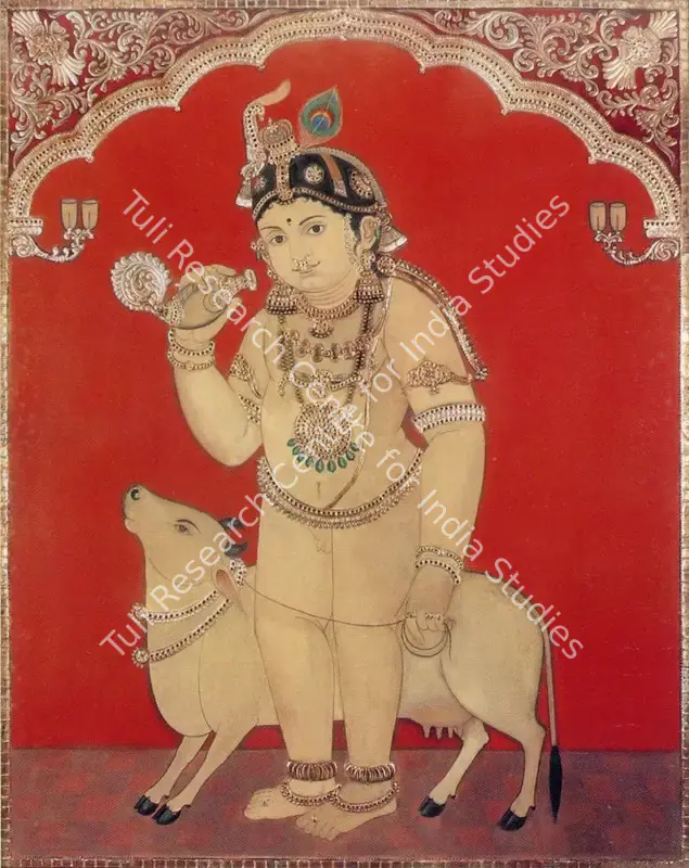 Tanjore School (Artist). Krishna and Nandi. Oil and gold leaf, inset with coloured glass on panel, early 20th century | Painting | FineArts | 00374154