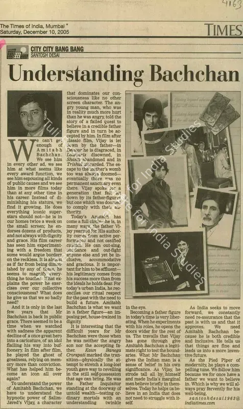 Desai, Santosh (Reporter). Understanding Bachchan. Mumbai: The Times of India, 10 December 2005 | Newspaper Clipping | CinemaEducation | 00852886