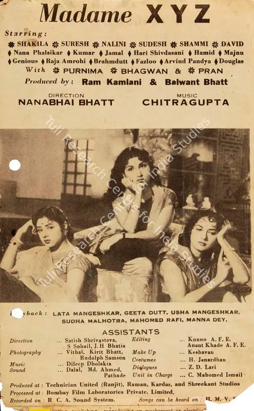 Bhatt, Balwant (Producer), Madame X Y Z, 1959 | Cyclostyled Lyrics Leaflet | CinemaEducation | 00517081