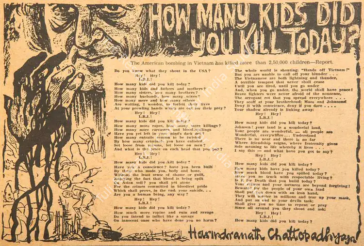 Chattopadhyay, Harindranath (Poet). How Many Kids Did You Kill Today ?. In <i>Blitz - India's Greatest Weekly.</i> p. 13. Bombay: R.K. Karanjia, 31 December 1966 | Poem | CinemaEducation | 00146015