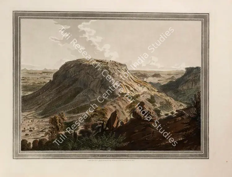 Edy, John William (Engraver). North-West view of Nandy-Droog. Print on paper, 01 November 1793 | Engraving, Twelve Views of Places in the Kingdom of Mysore, The Country of Tippoo Sultan, from Drawings Taken on the Spot, 1794 | ArcHeritage | 00156224